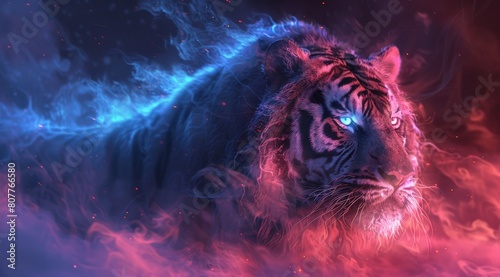 A tiger is staring at the camera with its eyes glowing red