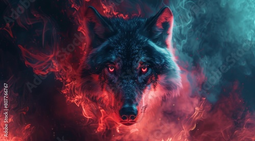 A wolf with red eyes and a red mouth