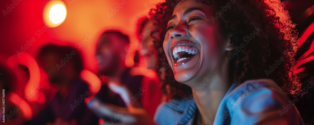Joyful audience enjoying a live performance at a venue.