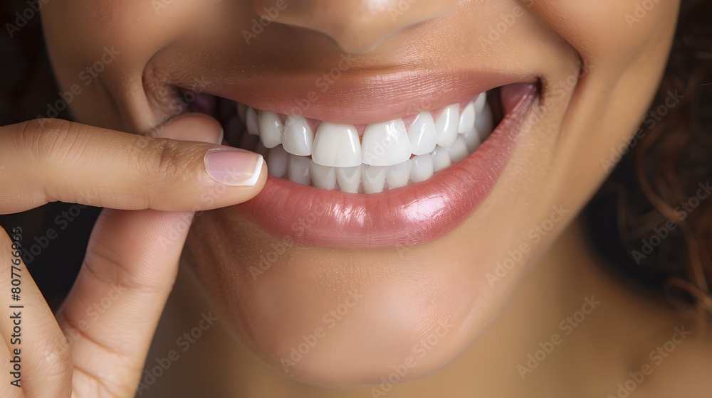 Fototapeta premium Close-Up of a Woman's Smile Demonstrating Clear Aligners for Orthodontic Treatment. Dental Health Concept. Happy Person Showcasing Invisible Braces. AI