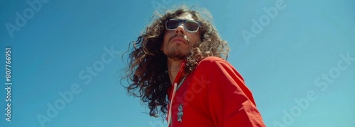 A man with curly hair and sunglasses stands in front of a blue sky. He is wearing a red swater. Cinematic scene photo