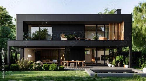 A modern house with black walls, wooden windows and doors, a large terrace on the first floor , dining table for four people, lawn. 
