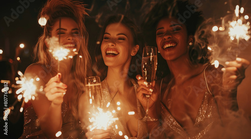 a group of beautiful women celebrating at the club with champagne and sparklers, they all have long blonde hair, one is wearing an elegant dress