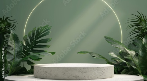 A green and white stage with a large leafy plant in the foreground. The stage is empty and the plant is the main focus. Mockup