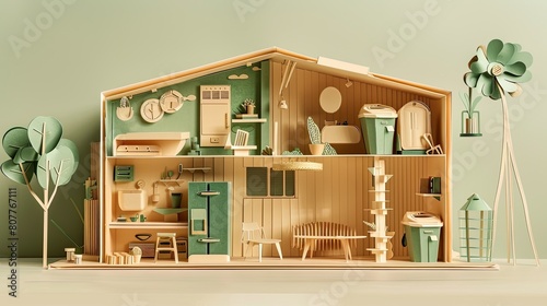 A papercut diorama of a zero-waste home with minimalistic furniture and recycling bins, crafted from beige and green paper.