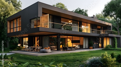 A modern house with black walls, wooden windows and doors, a large terrace on the first floor , dining table for four people, lawn.  © horizor