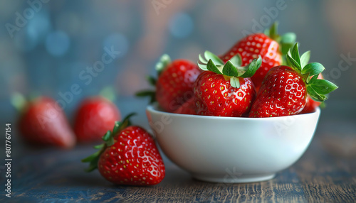 Juicy fresh strawberries arranged in a white ceramic bowl  set against a rustic wooden background  perfect for a healthy snack.