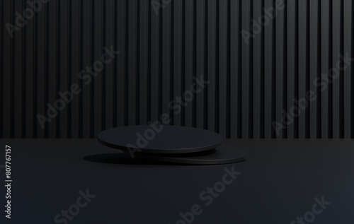 Black cylindrical podium with a black background. for displaying advertisements Fashion merchandise shelf. 3D illustration