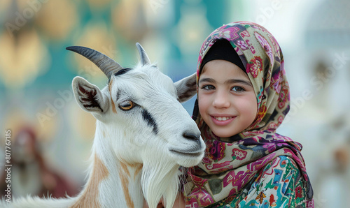 a girl and cute goat with mosque background