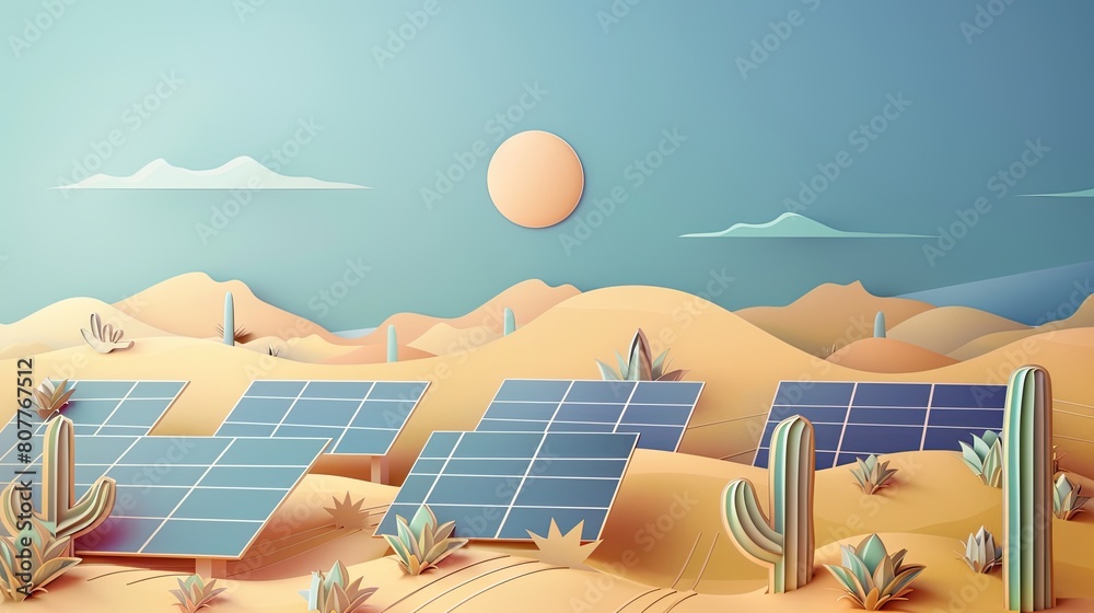 Fototapeta premium A layered papercut showing solar panels in a desert, capturing the harsh environment yet sustainable energy solution.