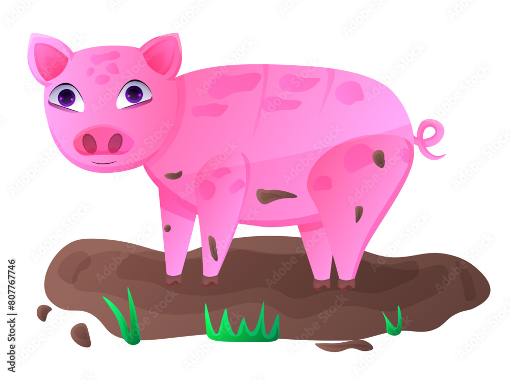 Little pig character in muddy puddle Little pig character in muddy puddle