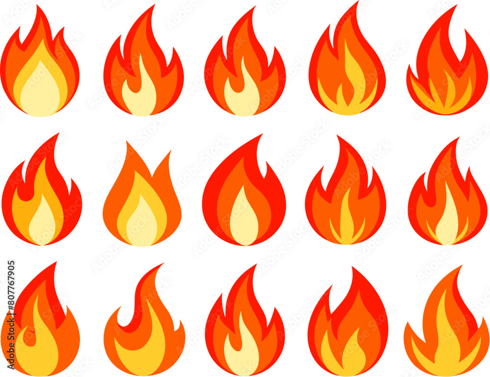 Fire emoji. Campfire burning flame, cartoon hot red bonfire, fireball abstract cool awesome symbol. Isolated wildfire vector icons set Fire emoji. Campfire burning flame, cartoon hot red bonfire, fireball abstract cool awesome symbol. Isolated wildfire vector icons set