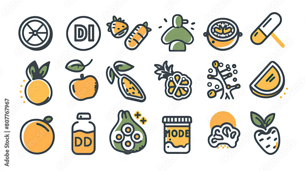 Vitamin A , B, B1, B2, B3, B5, B6, C, D, K, E and  icon set It included energy boost, benefits, cells, mood, immune system, and more icons Editable Vector Stroke