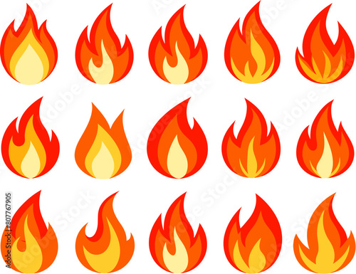 Fire emoji. Campfire burning flame, cartoon hot red bonfire, fireball abstract cool awesome symbol. Isolated wildfire vector icons set