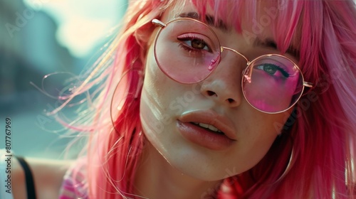 fashionable portrait of a girl pink hair close-up