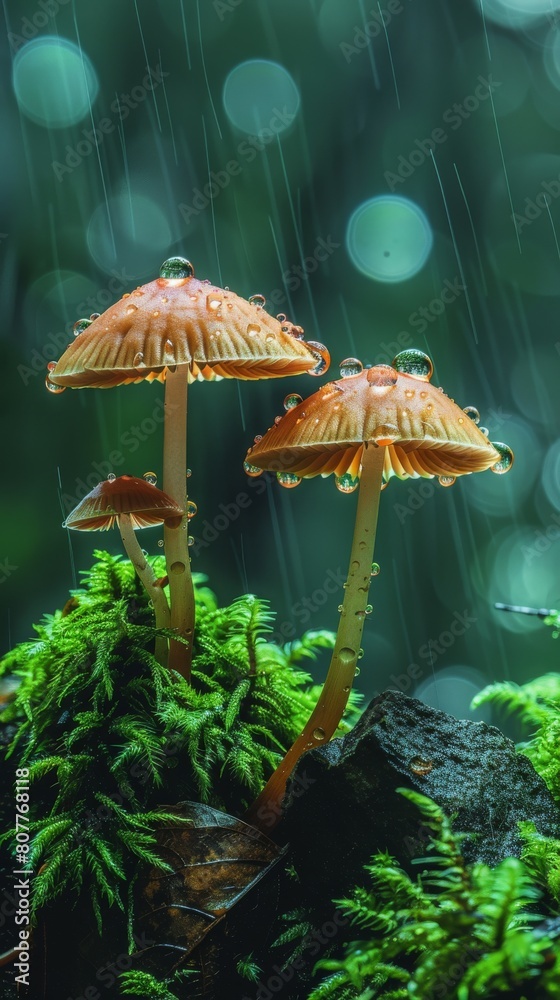 Fototapeta premium Two mushrooms are sitting on a green mossy ground