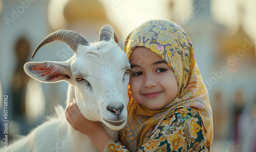 a girl and cute goat with mosque background