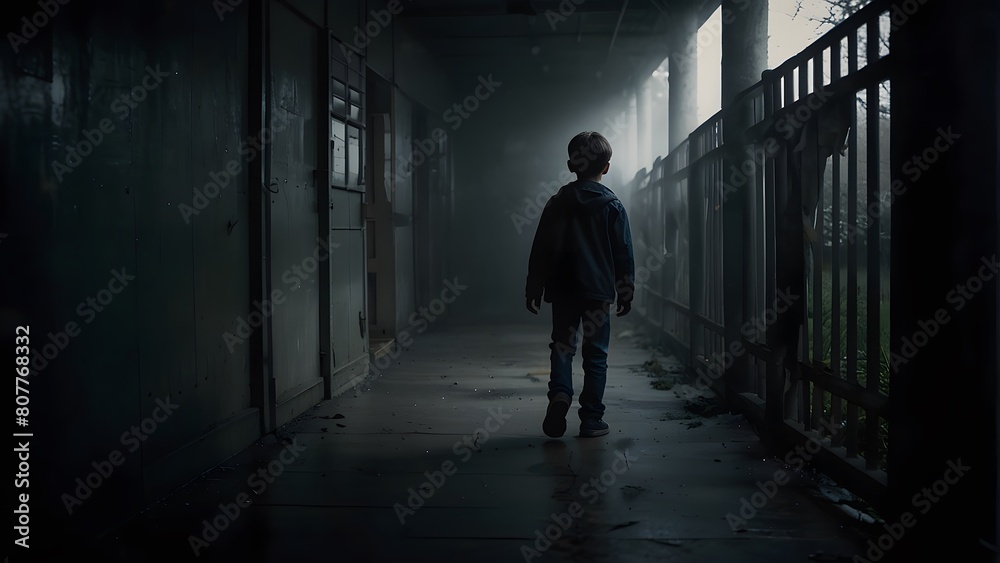 International Missing Children's Day, a little boy walking in a dark corridor, dark moody theme, hope, peace and love