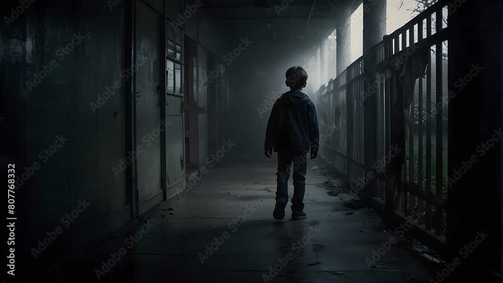 International Missing Children's Day, a little boy walking in a dark corridor, dark moody theme, hope, peace and love International Missing Children's Day, a little boy walking in a dark corridor, dark moody theme, hope, peace and love