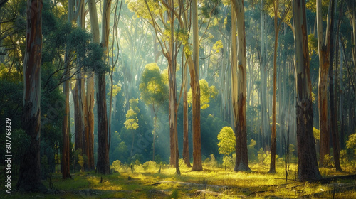 eucalyptus forest bathed in soft sunlight  with tall eucalyptus trees stretching towards the sky and casting dappled shadows on the forest floor  creating a tranquil and serene natural scene.