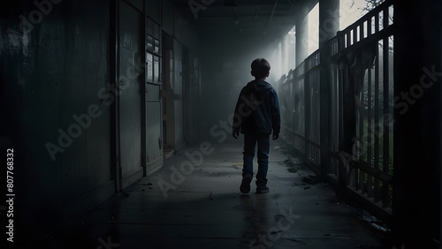 International Missing Children's Day, a little boy walking in a dark corridor, dark moody theme, hope, peace and love © Pixelpur