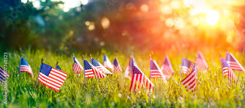 American Flags In Grass At Sunset With Defocused Abstract Background - Memorial Day