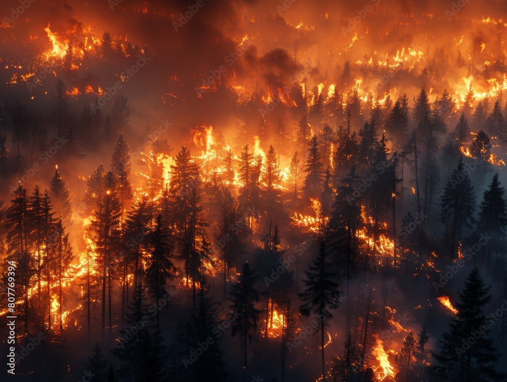 A forest fire is raging through a wooded area, with trees