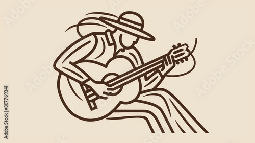 Minimalist Line Art of a Musician Playing Guitar with a Hat