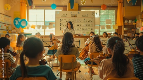 Children playing string instruments in a classroom setting with a teacher conducting