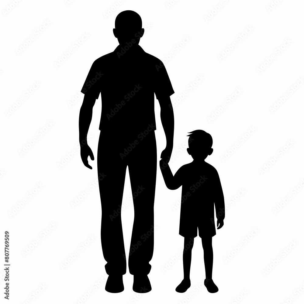 Dad and child standing together silhouette vector illustration isolated on a white background. Dad and child standing together silhouette vector illustration isolated on a white background.