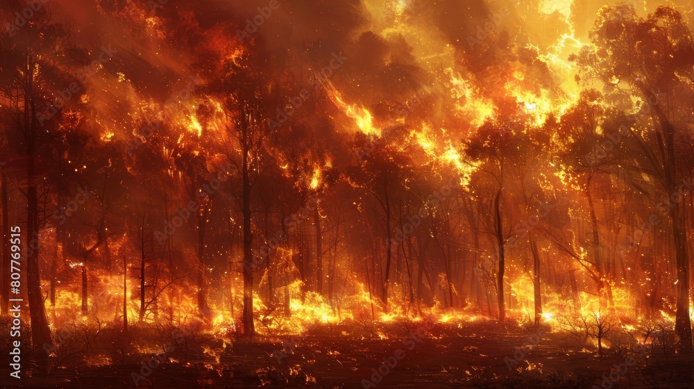 A painting of a forest fire with trees on fire and smoke in the air