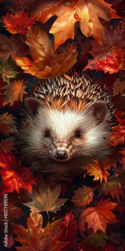 Autumn Hedgehog Surrounded by Colorful Fall Leaves.