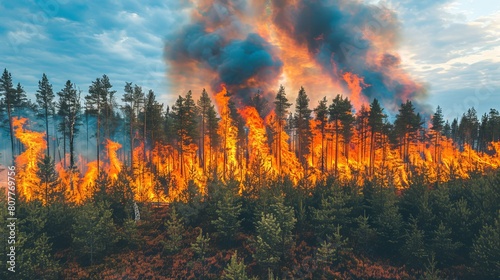 A painting of a forest fire with trees on fire and smoke in the air