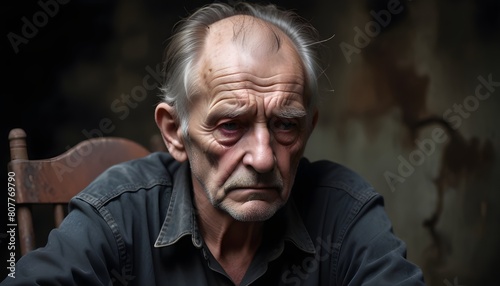 A close up shot of an old and man, look too tired and stressed, sitting on an old rusty chair, depicting depression.