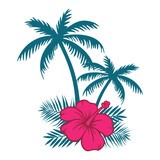 Logo vacaciones en Hawái. Paraíso tropical. Silueta de flor de hibisco, hojas de monstera y la palma