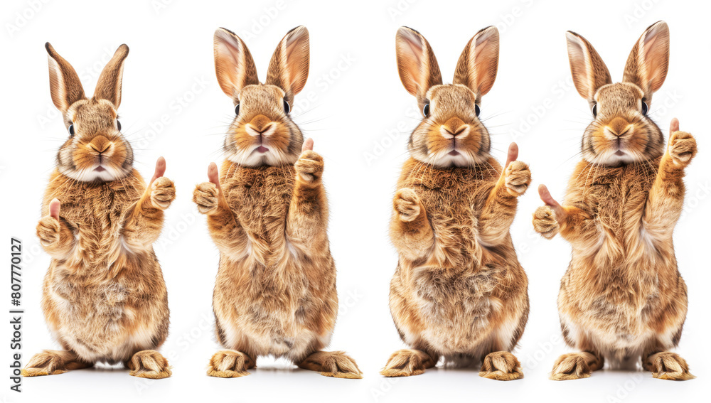  set of four brown rabbits isolated  on white background