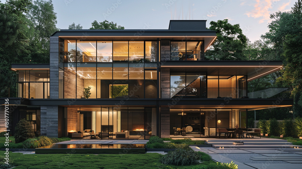 A modern house with a large glass facade and a two-car garage with a private driveway and gate,