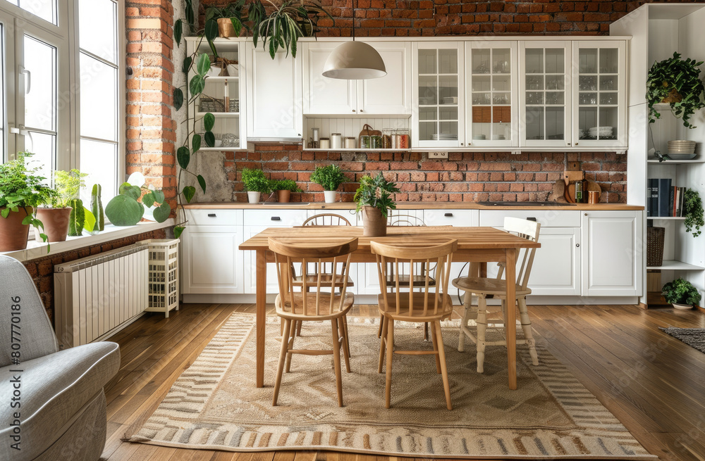 A Scandinavian-style dining room with white cabinets, a wooden table and chairs, brown leather chairs, plants in pots on the floor