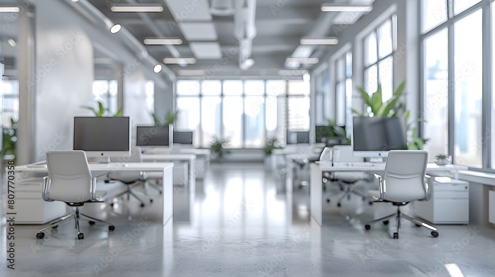 A modern office interior with white desks and chairs, featuring large windows that create an open space atmosphere. A modern office interior with white desks and chairs, featuring large windows that create an open space atmosphere.