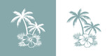 Logo vacaciones en Hawái. Paraíso tropical. Silueta de flor de hibisco, hojas de monstera y la palma
