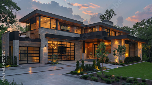 A modern house with a multi-angled roofline and a two-car garage with a private movie theater above, photo