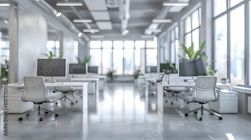 A modern office interior with white desks and chairs  featuring large windows that create an open space atmosphere. 