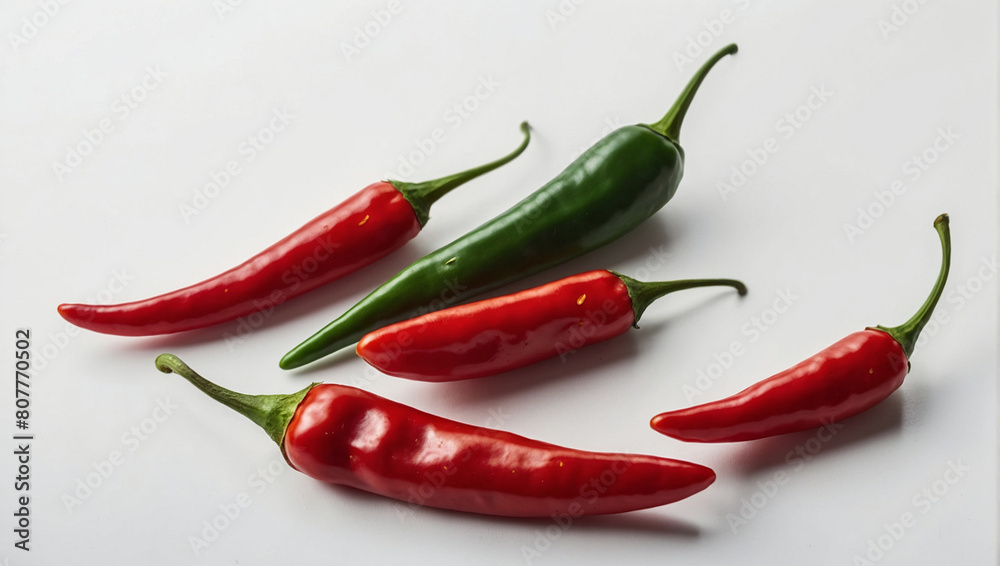 some fresh red chilies on a white background