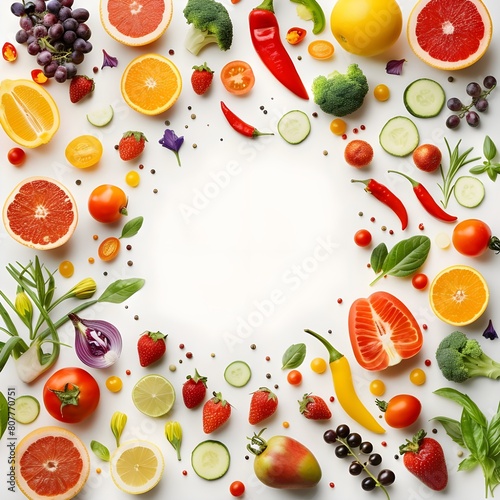 Summer frame with tropical fruits on white background 