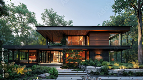 A sleek modern house with a cantilevered roofline and a single-car garage,