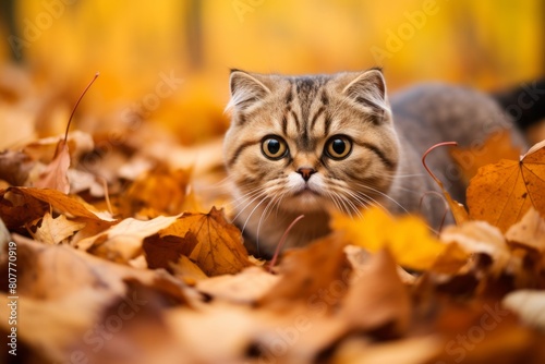 Environmental portrait photography of a happy scottish fold cat crouching onn autumn foliage background