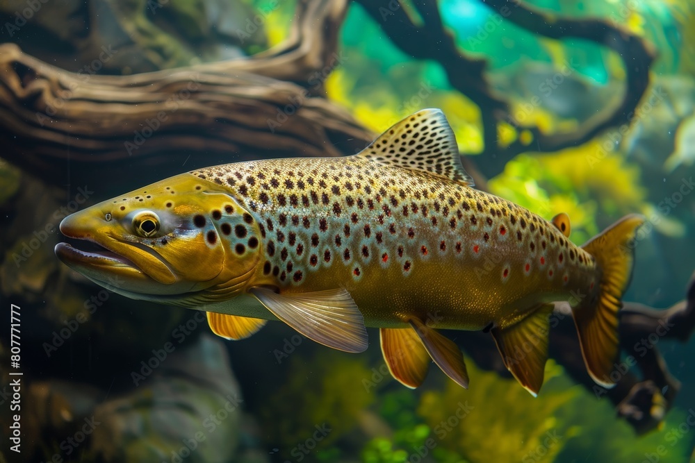 Freshwater Trout Swimming in Clear Stream with Aquatic Plants
Freshwater Trout Swimming in Clear Stream with Aquatic Plants
