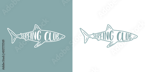Logo club de surf. Texto Surfing Club con silueta de tiburón lineal 