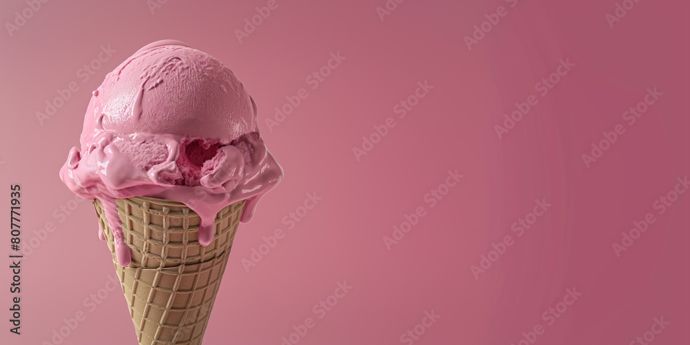 Strawberry ice cream with waffle cone isolated on pink background, copy space