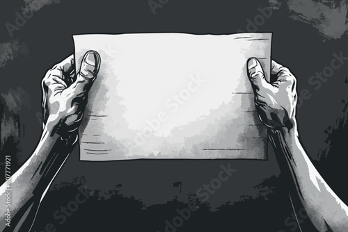 Protest, Hands holding blank banner. White sketch on black background, Hand drawn vector illustration